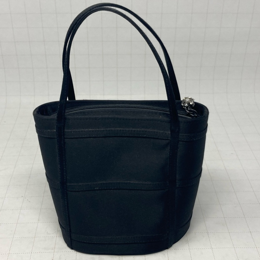 Mini Carlo Fellini black satin bucket evening bag w/ jeweled zipper ball charm - Picture 2 of 7